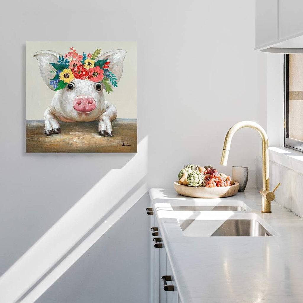 Pig Canvas Picture Wall Art: Rustic Pig Floral Crown Wall Decor Farm Animal Wall Art