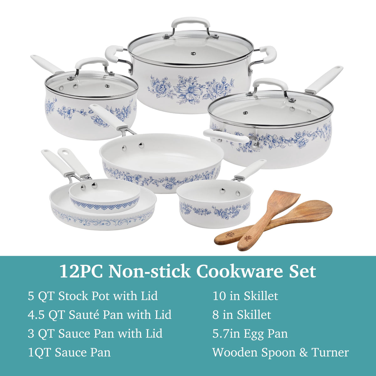 12-Piece Classic Ceramic Cookware Set, Agatha Blue