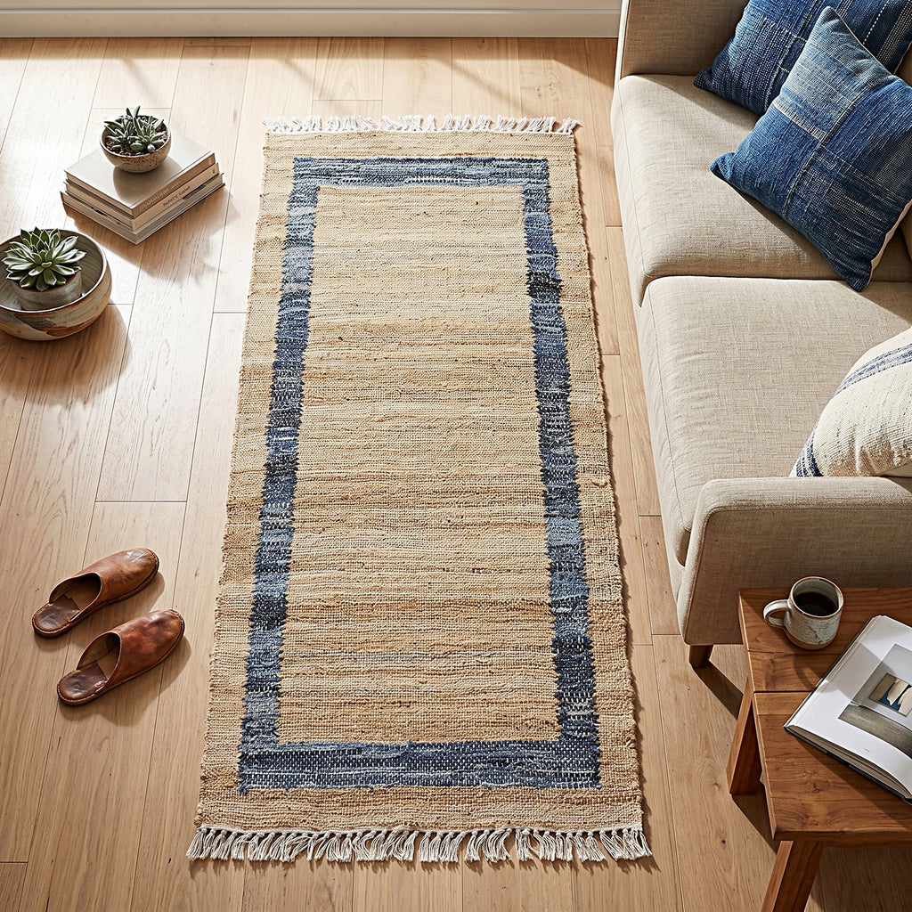 Denim Jute Runner Rug, Natural with Blue Border, 30 x 96 Inches