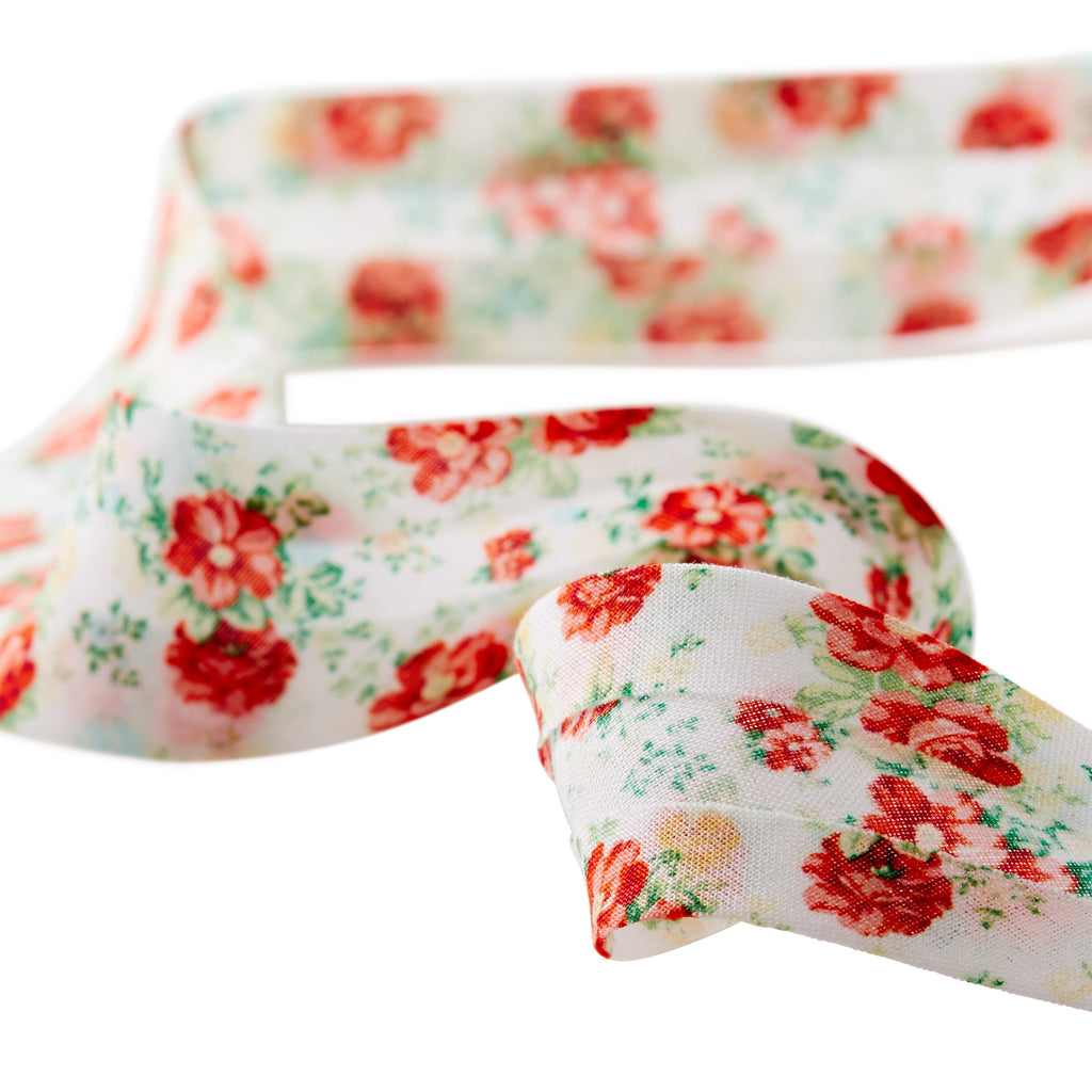 Vintage Floral White Double Fold Cotton Bias Tape Ribbon, 7/8" x 25 Yards