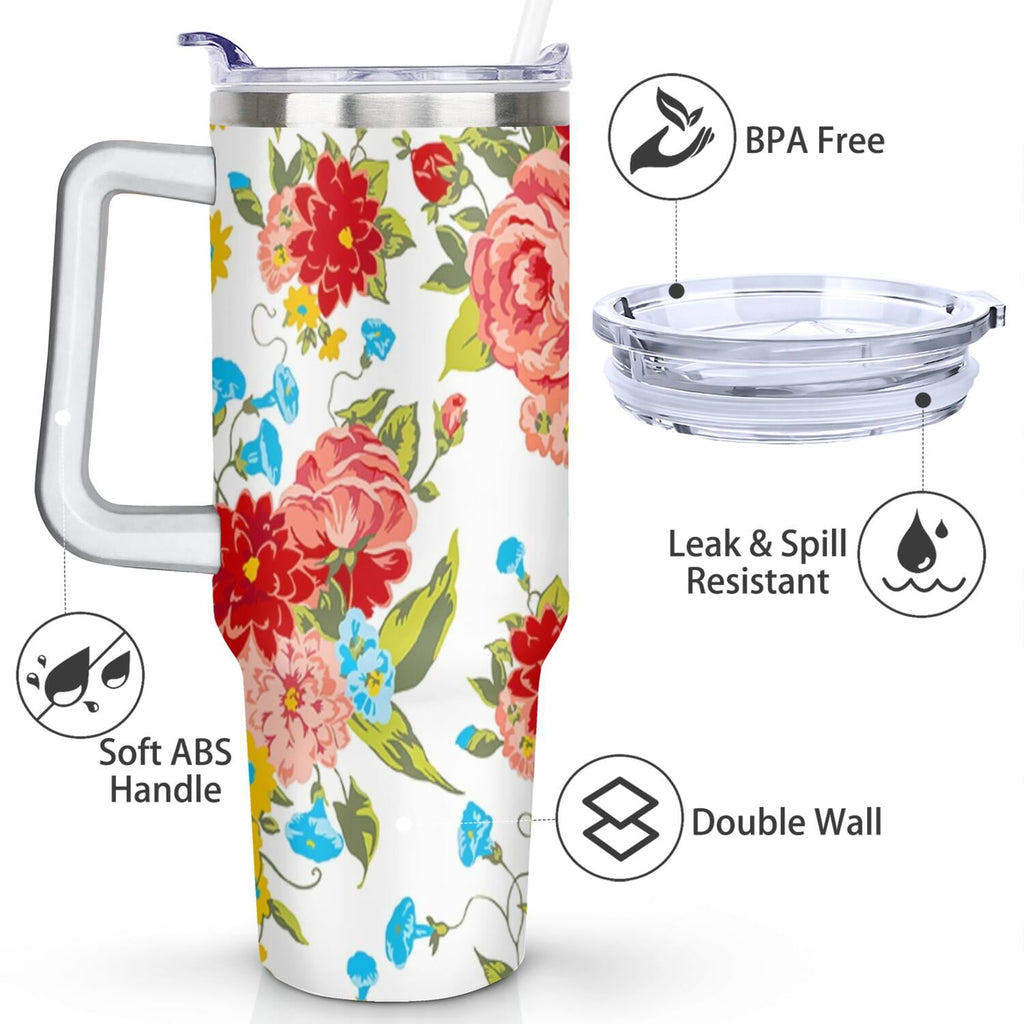 40 Oz Tumbler with Handle Lid and Straw Wildflower Stainless Steel Travel Mug Double