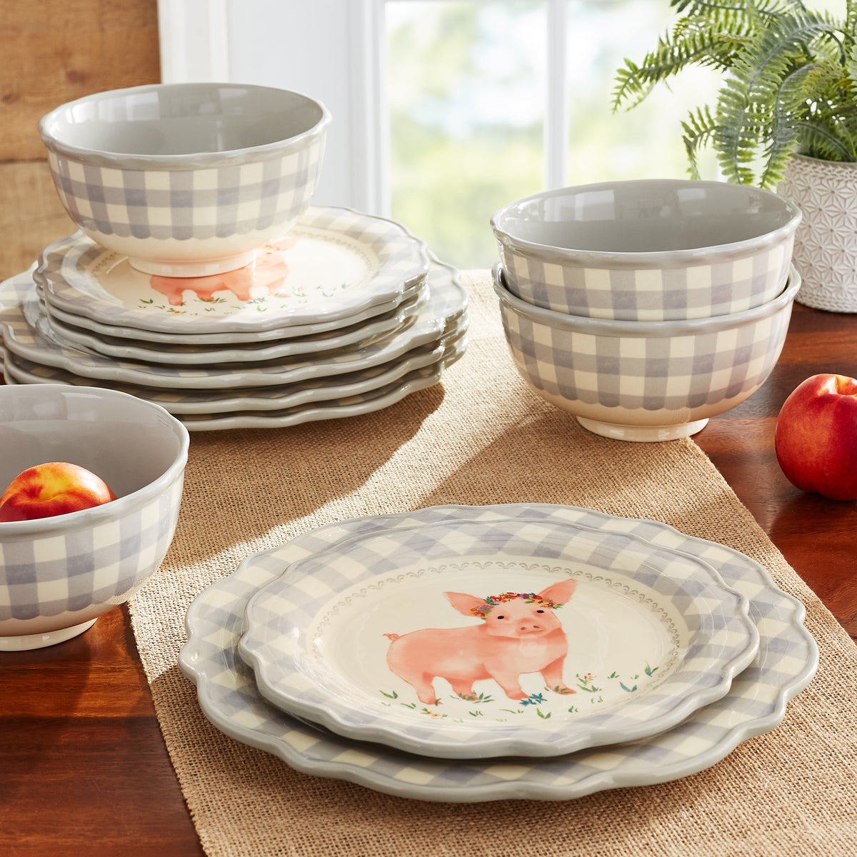 Gingham 12-Piece Ceramic Dinnerware Set, Gray