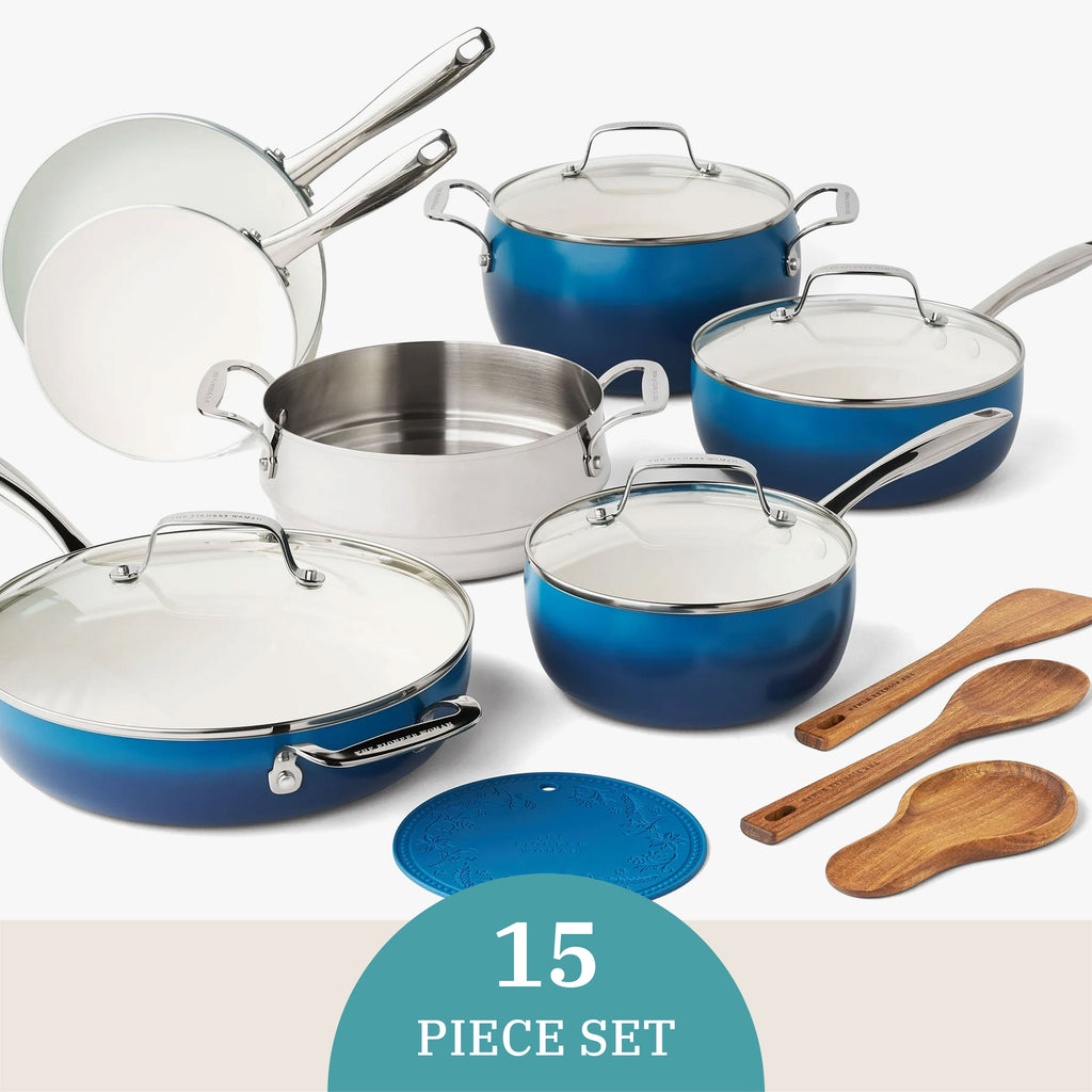 Harlow 15-Piece Cookware Set, Ceramic Nonstick Pots and Pans Set, Denim Blue