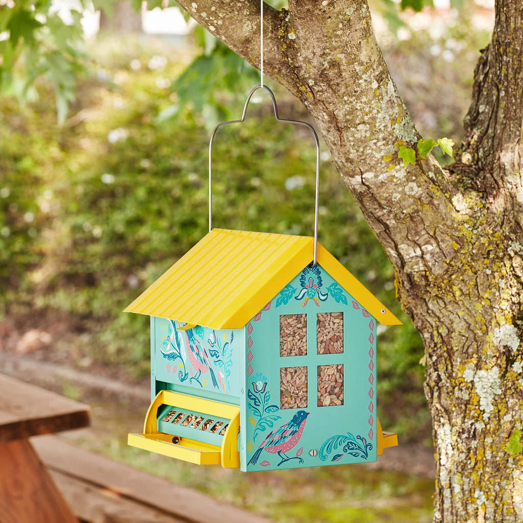 Bird Ogee Metal Squirrel Proof Hopper Bird Feeder 5.5QT, Teal Yellow