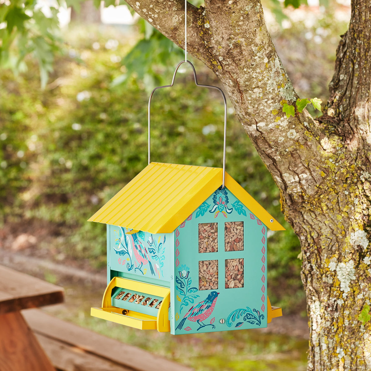Bird Ogee Metal Squirrel Proof Hopper Bird Feeder 5.5QT, Teal Yellow