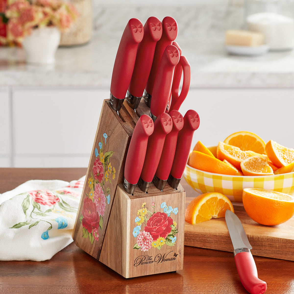 Sweet Rose 11-Piece Stainless Steel Knife Block Set, Red