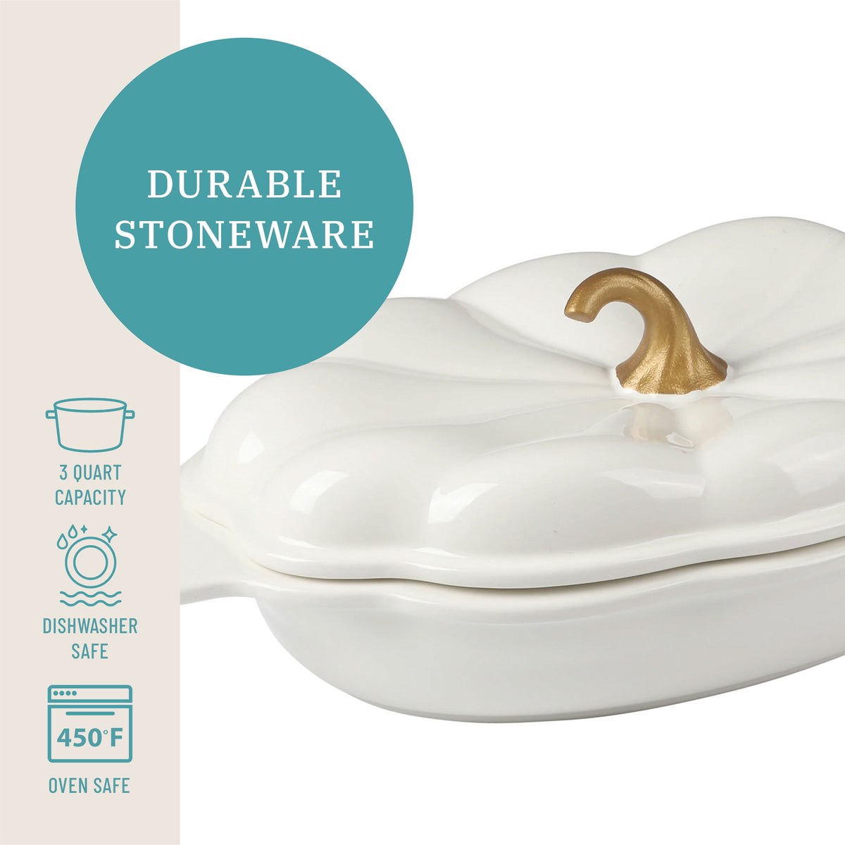 3-Quart Oval Pumpkin Stoneware Baker with Lid, Linen
