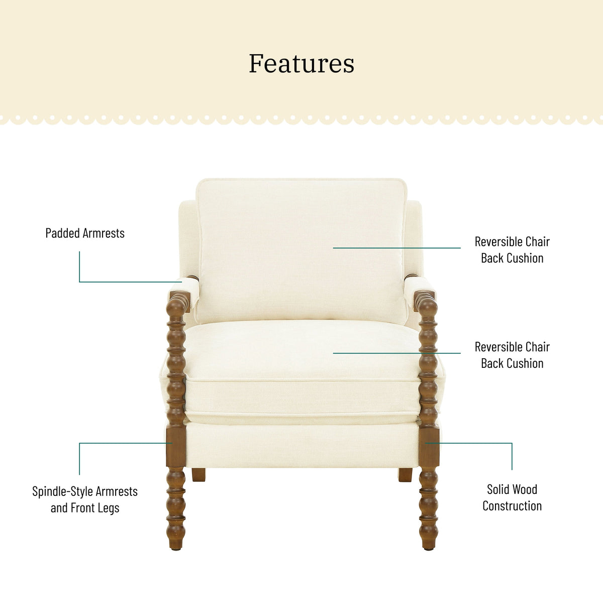 Harper Spindle Accent Chair, Antique White Fabric Upholstery