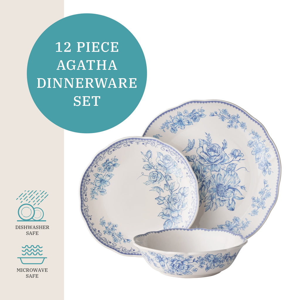 Agatha 12-Piece Stoneware Dinnerware Set, Blue