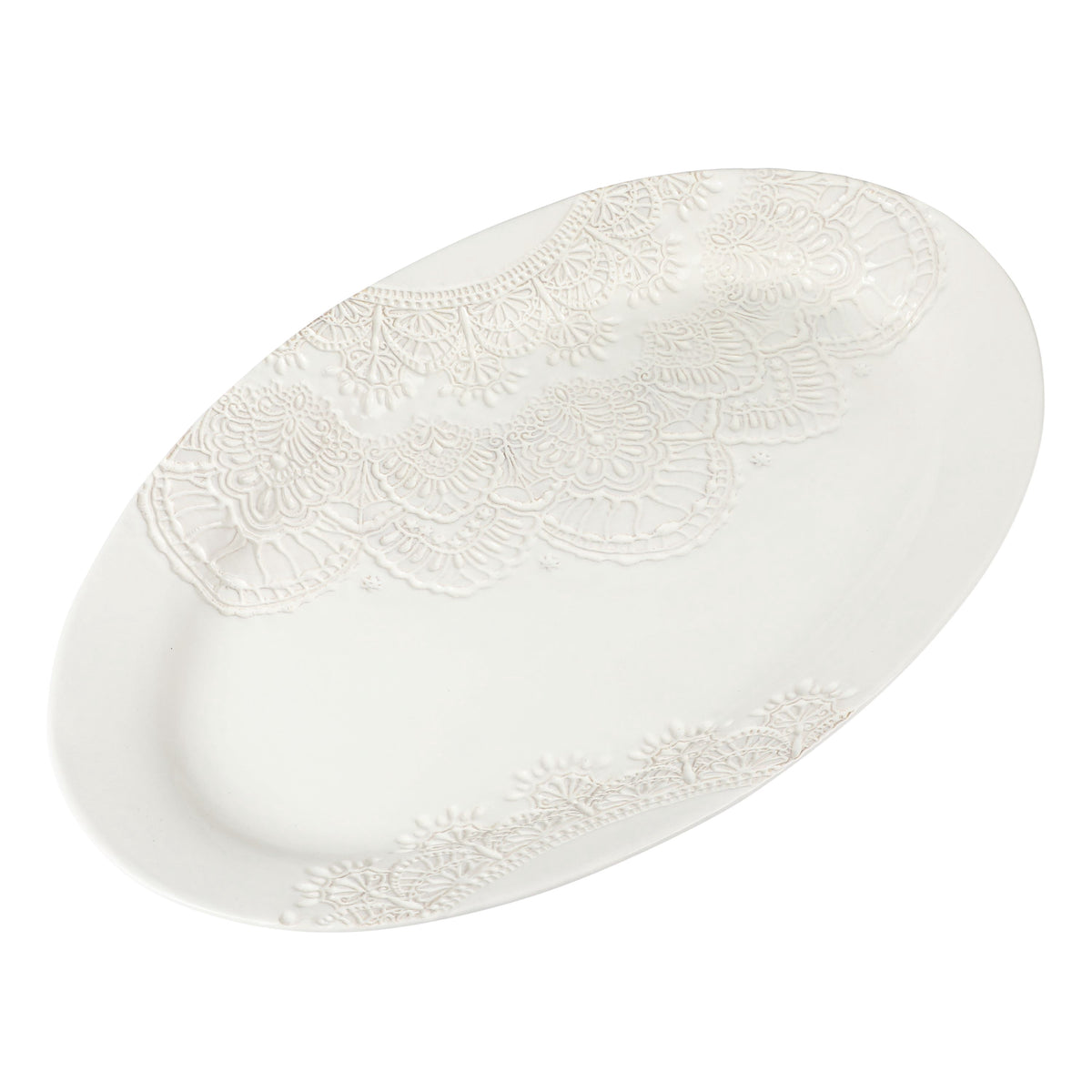 Vintage Lace 20-inch Stoneware Oval Serving Tray Platter, White