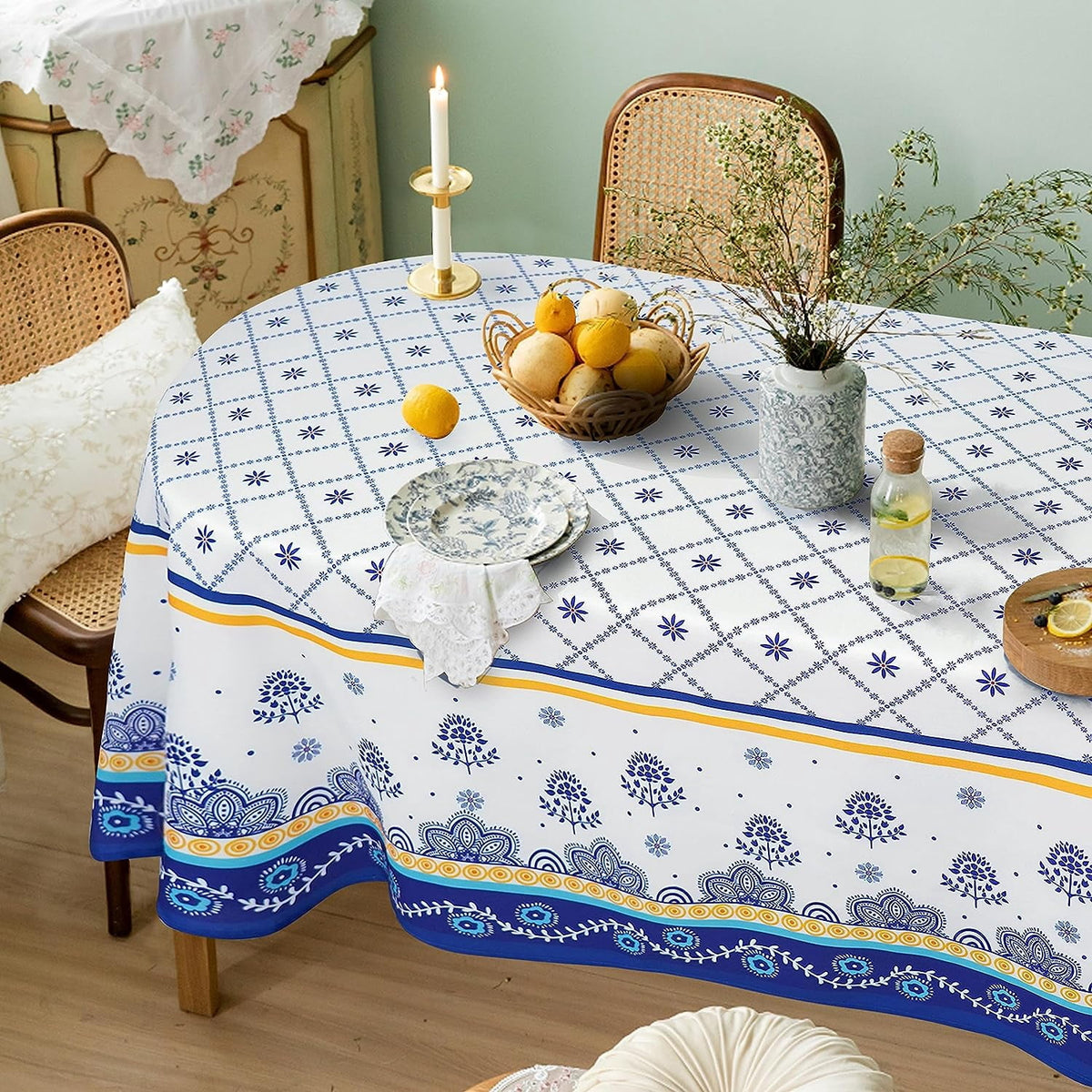 Polish Pottery Style Tablecloth, Blue Ceramic Table Cloth, Farmhouse Tablecover for Oval Tables 60 x 84