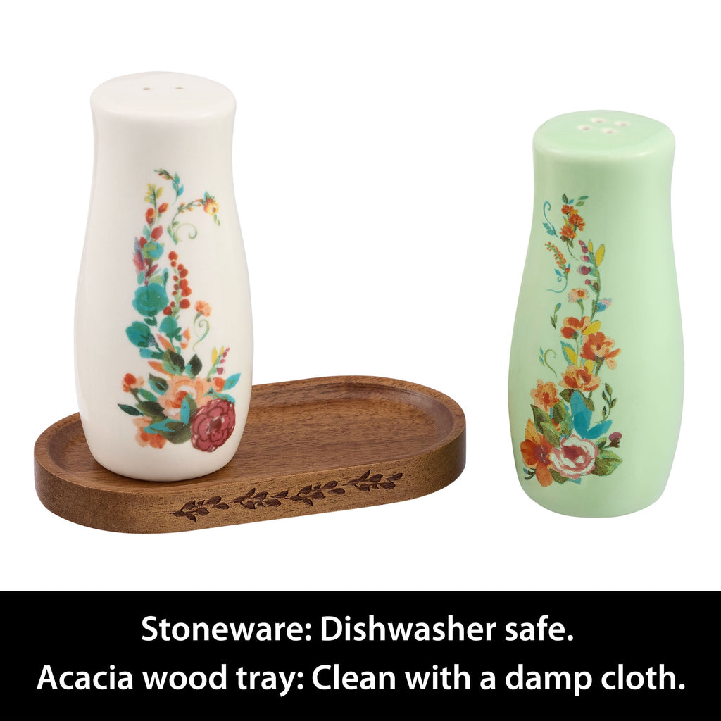 8-Pack The Pioneer Woman Ceramic Painted Meadow 3 Pieces Salt Pepper Shakers With Acacia Wood