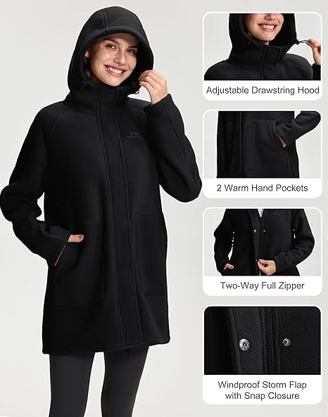 Women's Long Fleece Jacket Thermal Sherpa Lined Full-Zip Hoodies with Pockets Casual