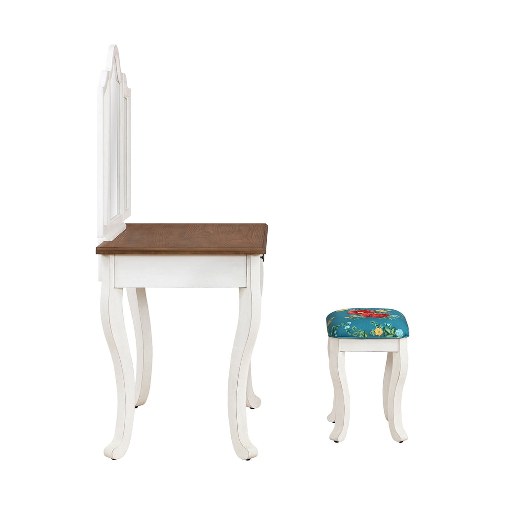 Vanity Set and Stool with Tri-Fold Mirror and Solid Wood