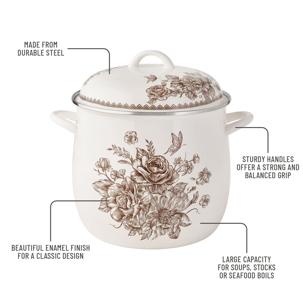 Agatha 12 Qt Enamel on Steel Stock Pot with Lid, Brown - Farmhouse