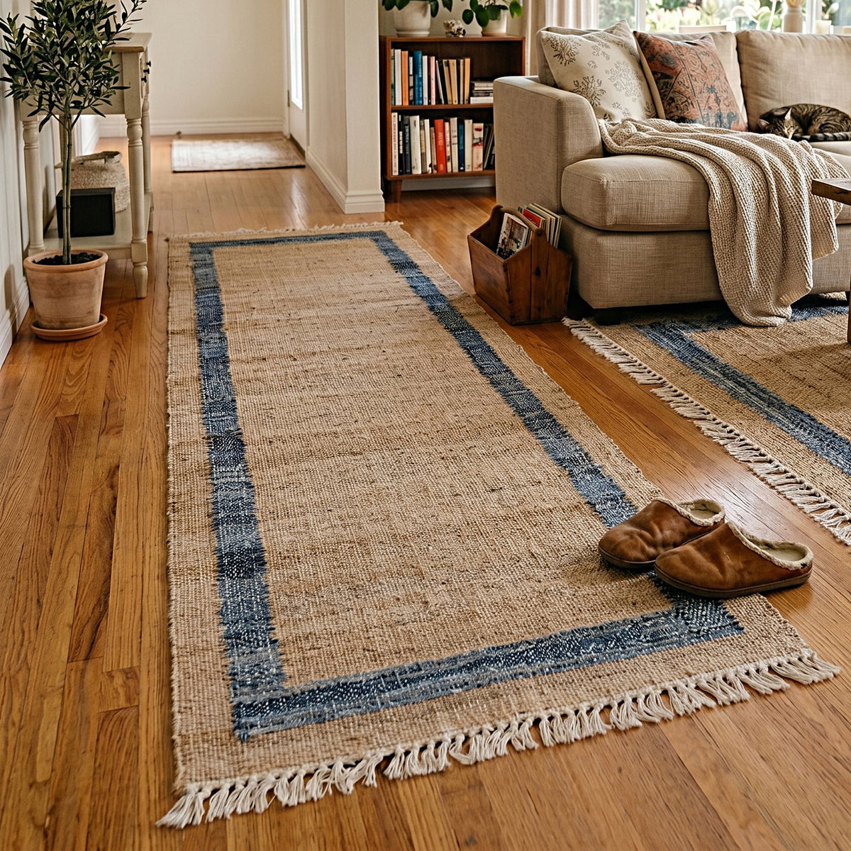 Denim Jute Runner Rug, Natural with Blue Border, 30 x 96 Inches