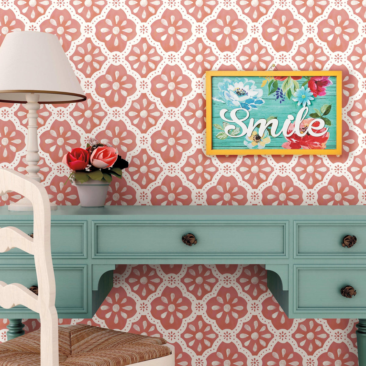 Pink Salmon Washy Trellis Peel & Stick Wallpaper, 18" x 18.86' - Rustic