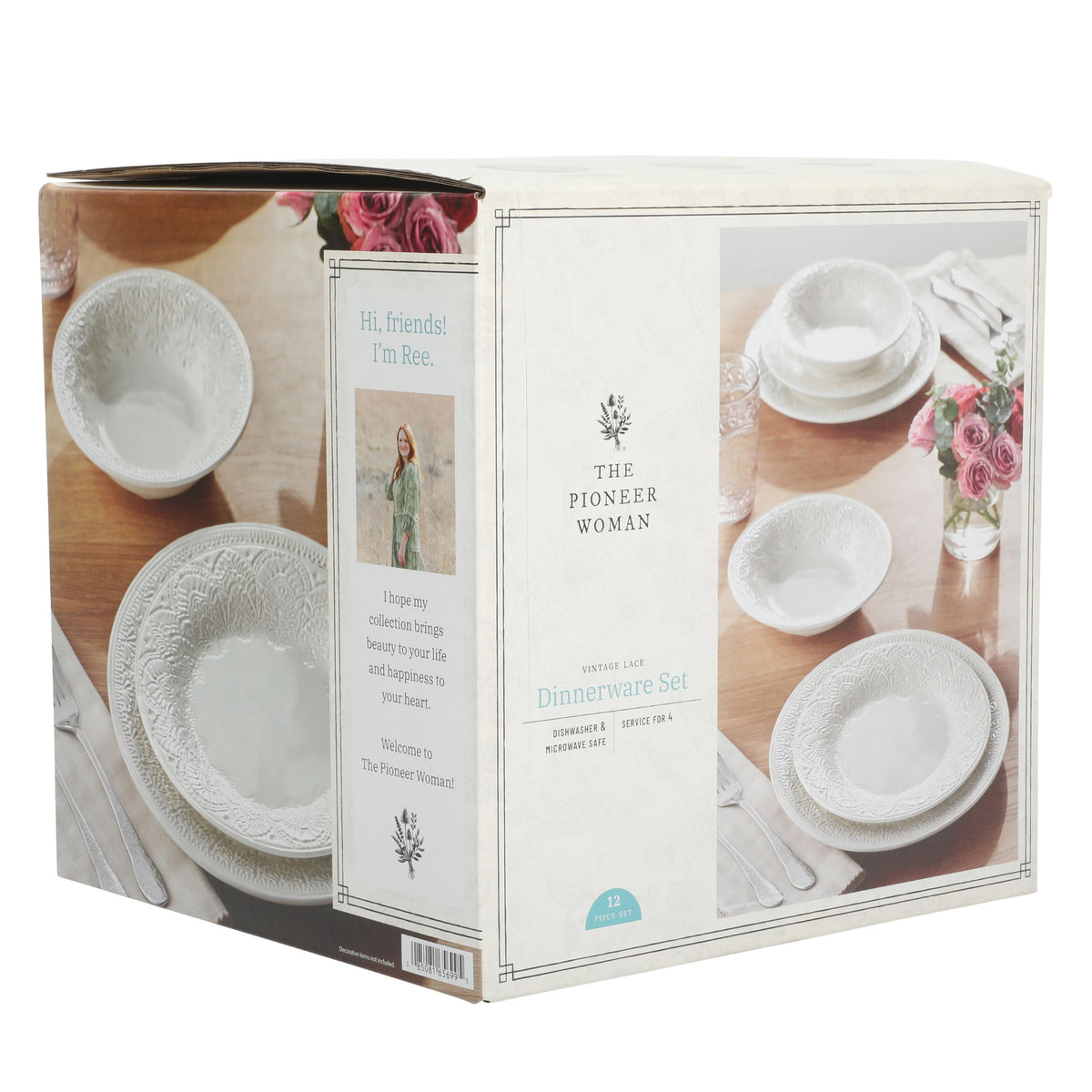 Vintage Lace 12-Piece Ceramic Dinnerware Set, Linen