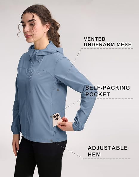 Women‘s UPF 50+ Windbreaker Jacket, Lightweight Packable Sun Protection Hoodie