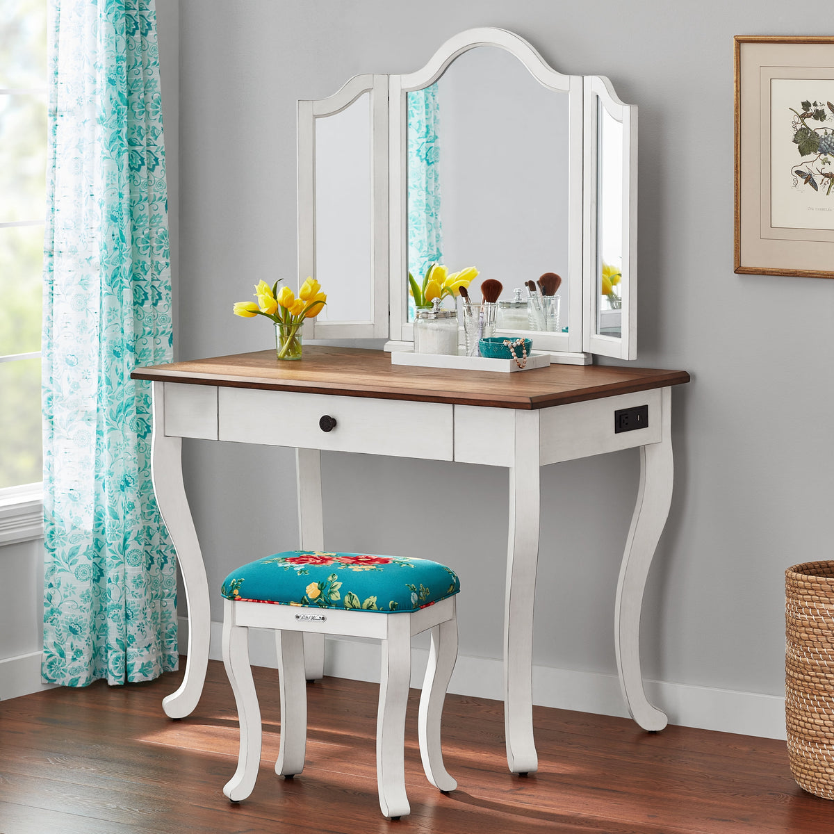Vanity Set and Stool with Tri-Fold Mirror and Solid Wood