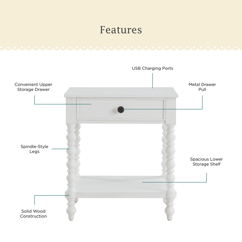Harper Spindle Nightstand with USB Charging Ports, Adults and Teens, White Finish