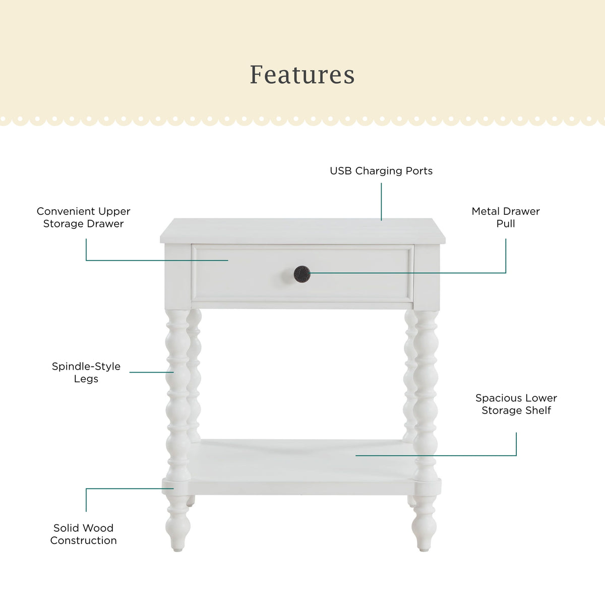 Harper Spindle Nightstand with USB Charging Ports, Adults and Teens, White Finish