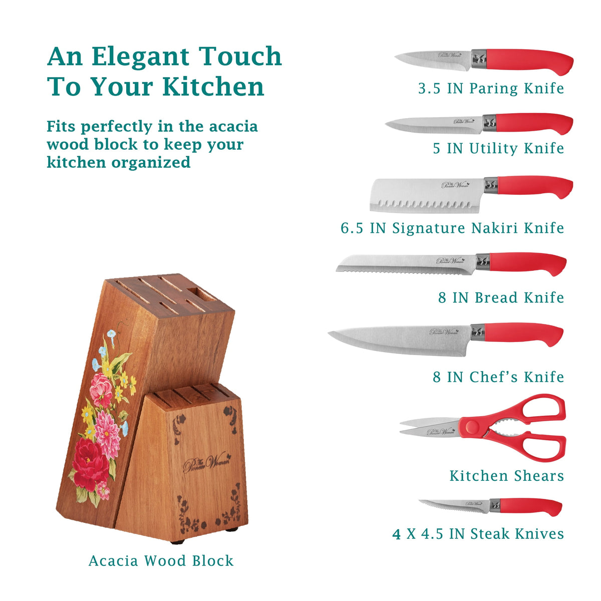 Sweet Rose 11-Piece Stainless Steel Knife Block Set, Red