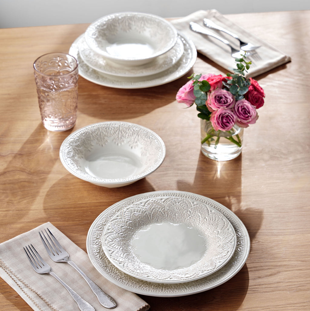 Vintage Lace 12-Piece Ceramic Dinnerware Set, Linen