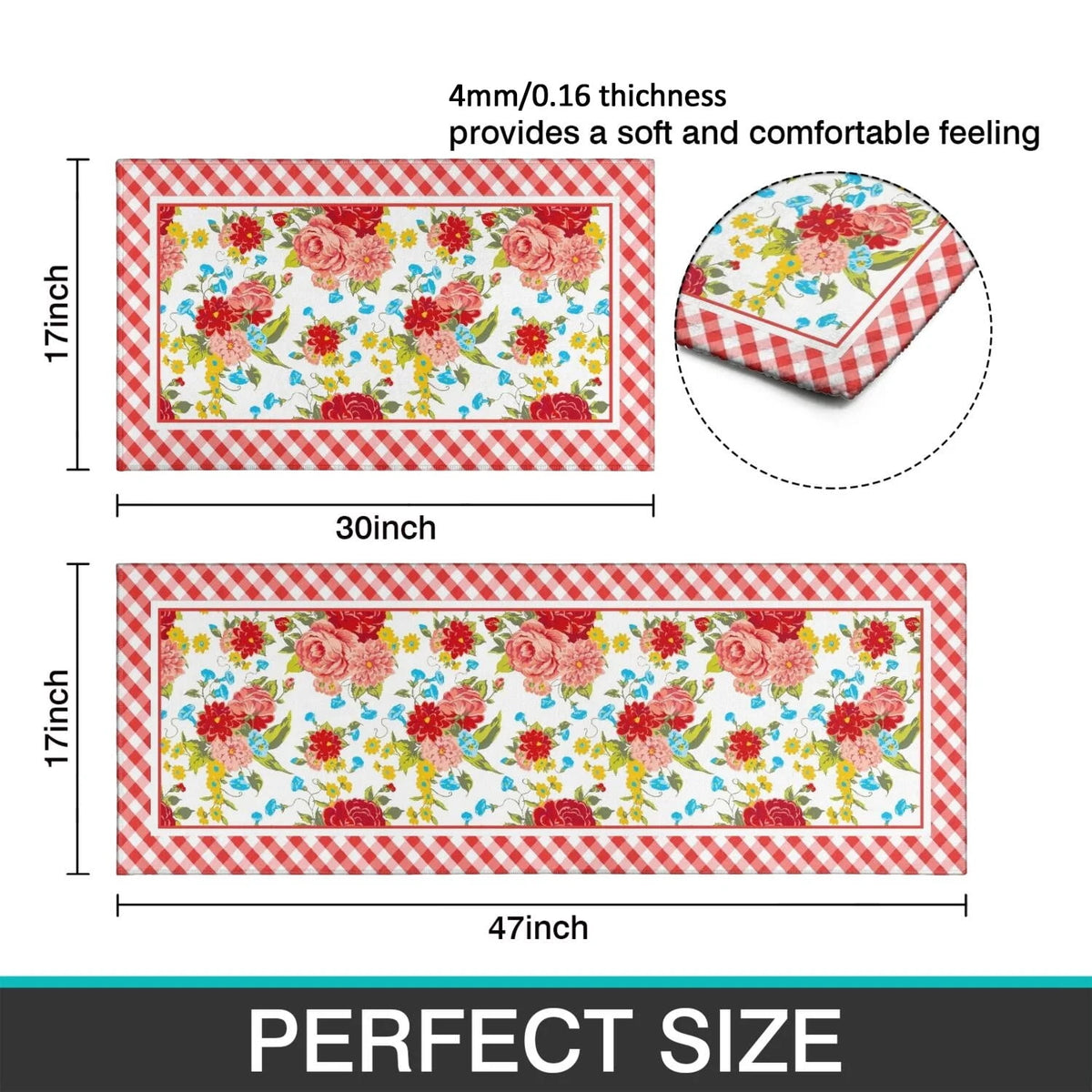 Flower Kitchen Mat 2-Piece Set Farmhouse Anti-Fatigue Water-Resistant Stain-Resistant Non-Slip Floor Mat