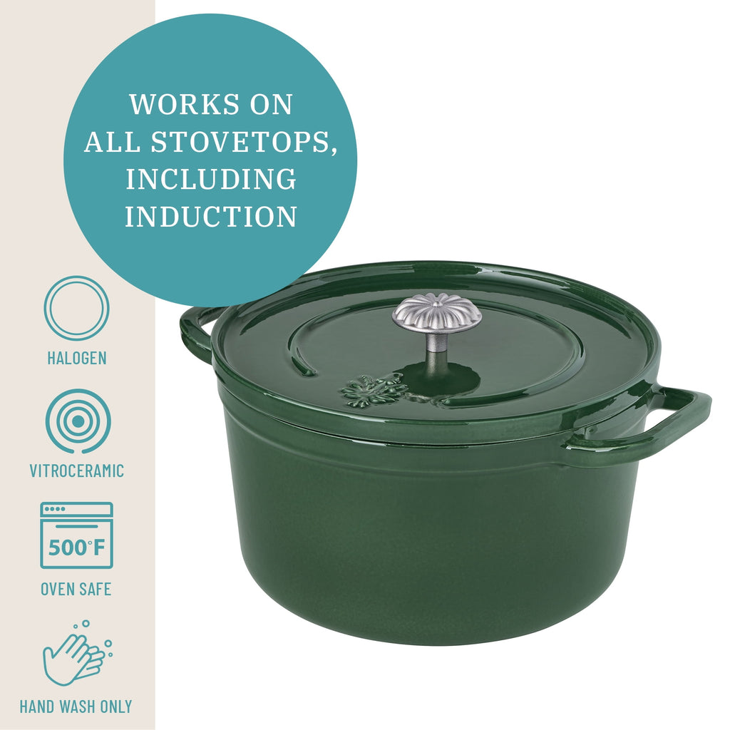 5-Quart Enamel Cast Iron Dutch Oven with Lid, Dark Green - Rustic Home