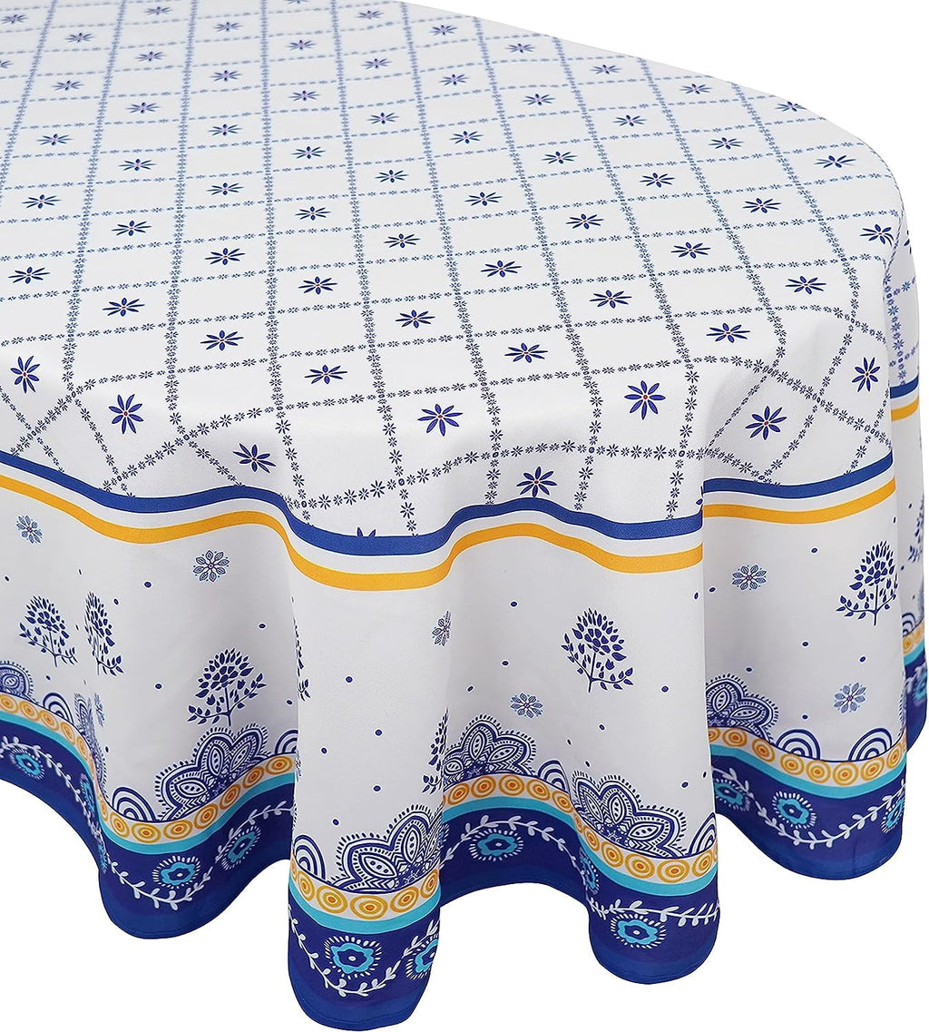 Polish Pottery Style Tablecloth, Blue Ceramic Table Cloth, Farmhouse Tablecover for Oval Tables 60 x 84