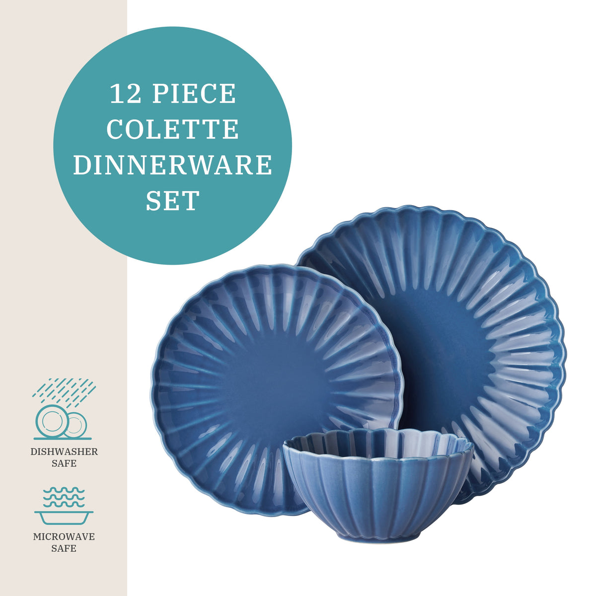 Colette 12-Piece Stoneware Dinnerware Set, Blue