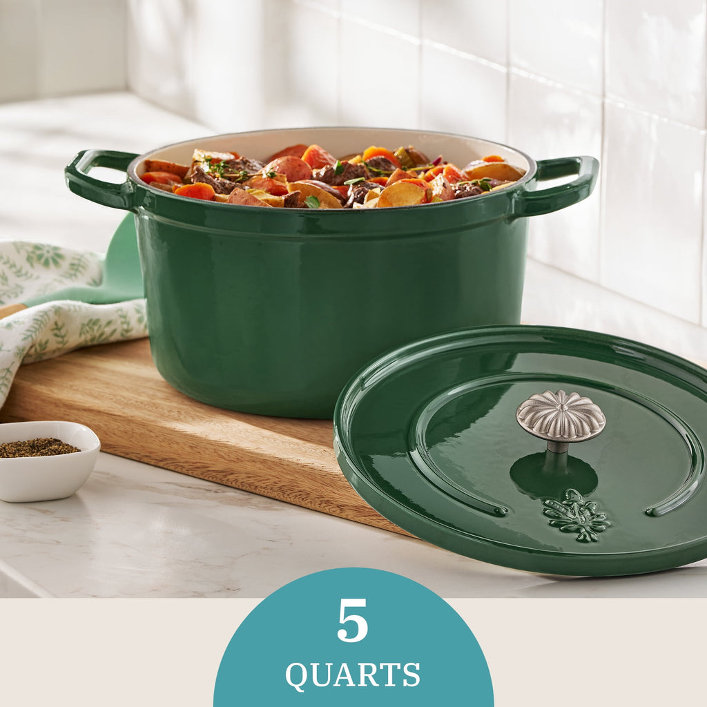5-Quart Enamel Cast Iron Dutch Oven with Lid, Dark Green - Rustic Home