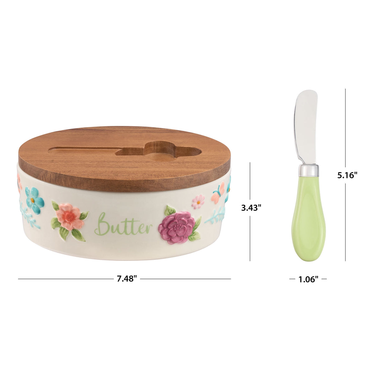 2-Pack The Pioneer Woman Ceramic Painted Meadow Butter Dish With Acacia Wood Lid And Serving