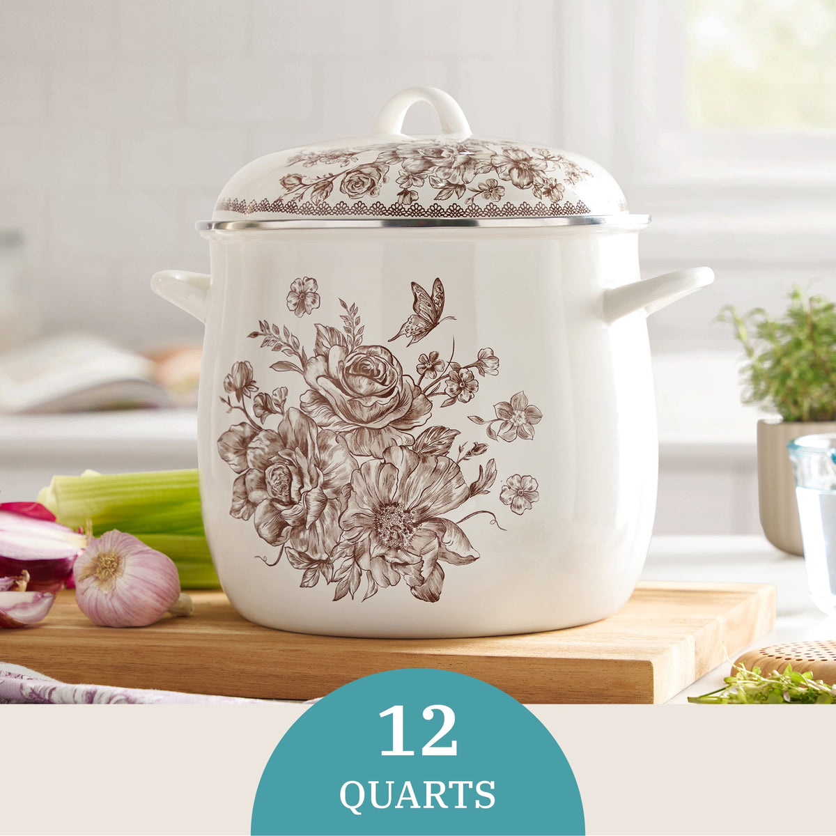 Agatha 12 Qt Enamel on Steel Stock Pot with Lid, Brown - Farmhouse