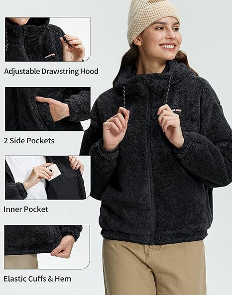 Women's Fuzzy Fleece Jacket Lightweight Full-Zip Sherpa Jacket with Hood Warm Soft