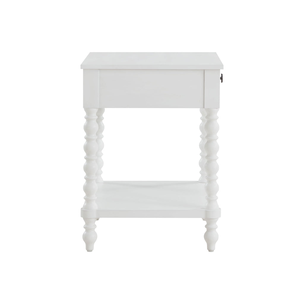Harper Spindle Nightstand with USB Charging Ports, Adults and Teens, White Finish
