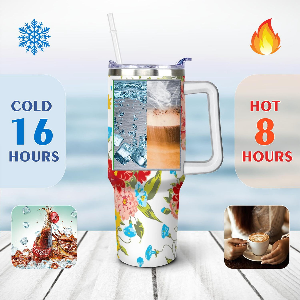 40 Oz Tumbler with Handle Lid and Straw Wildflower Stainless Steel Travel Mug Double