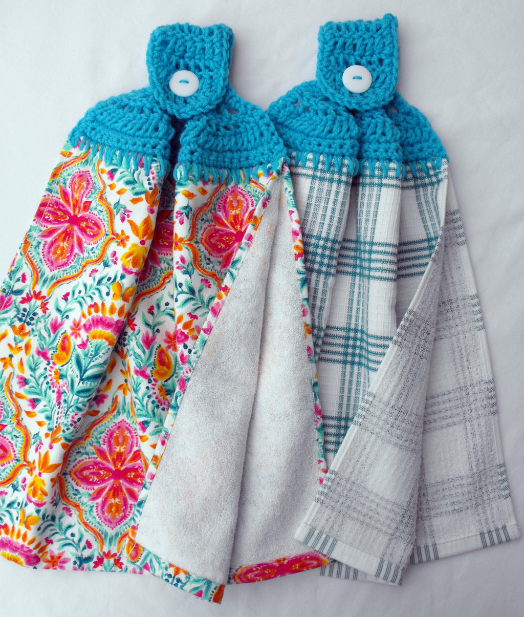 2 Handmade Crochet-Top Hanging Kitchen Towels - Turquoise