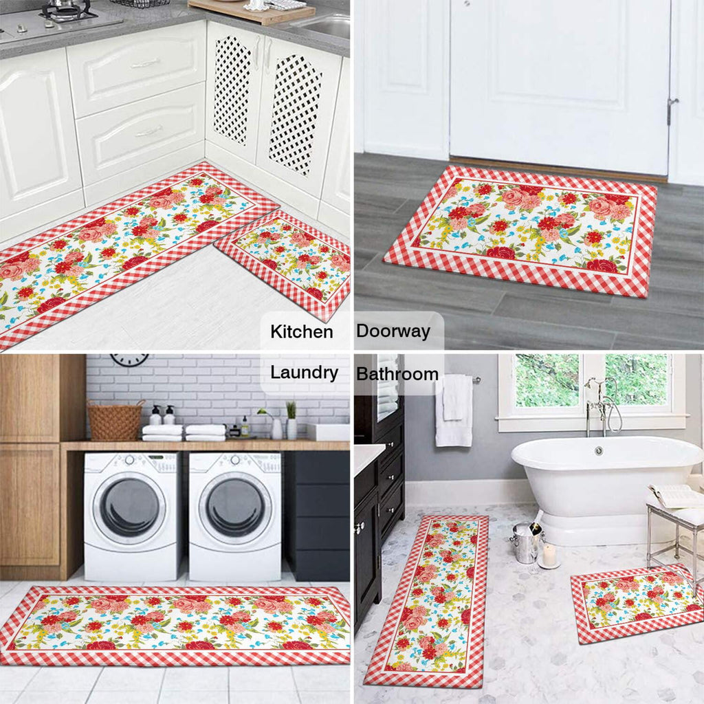 Flower Kitchen Mat 2-Piece Set Farmhouse Anti-Fatigue Water-Resistant Stain-Resistant Non-Slip Floor Mat