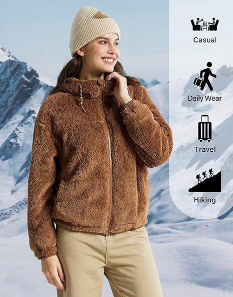 Women's Fuzzy Fleece Jacket Lightweight Full-Zip Sherpa Jacket with Hood Warm Soft
