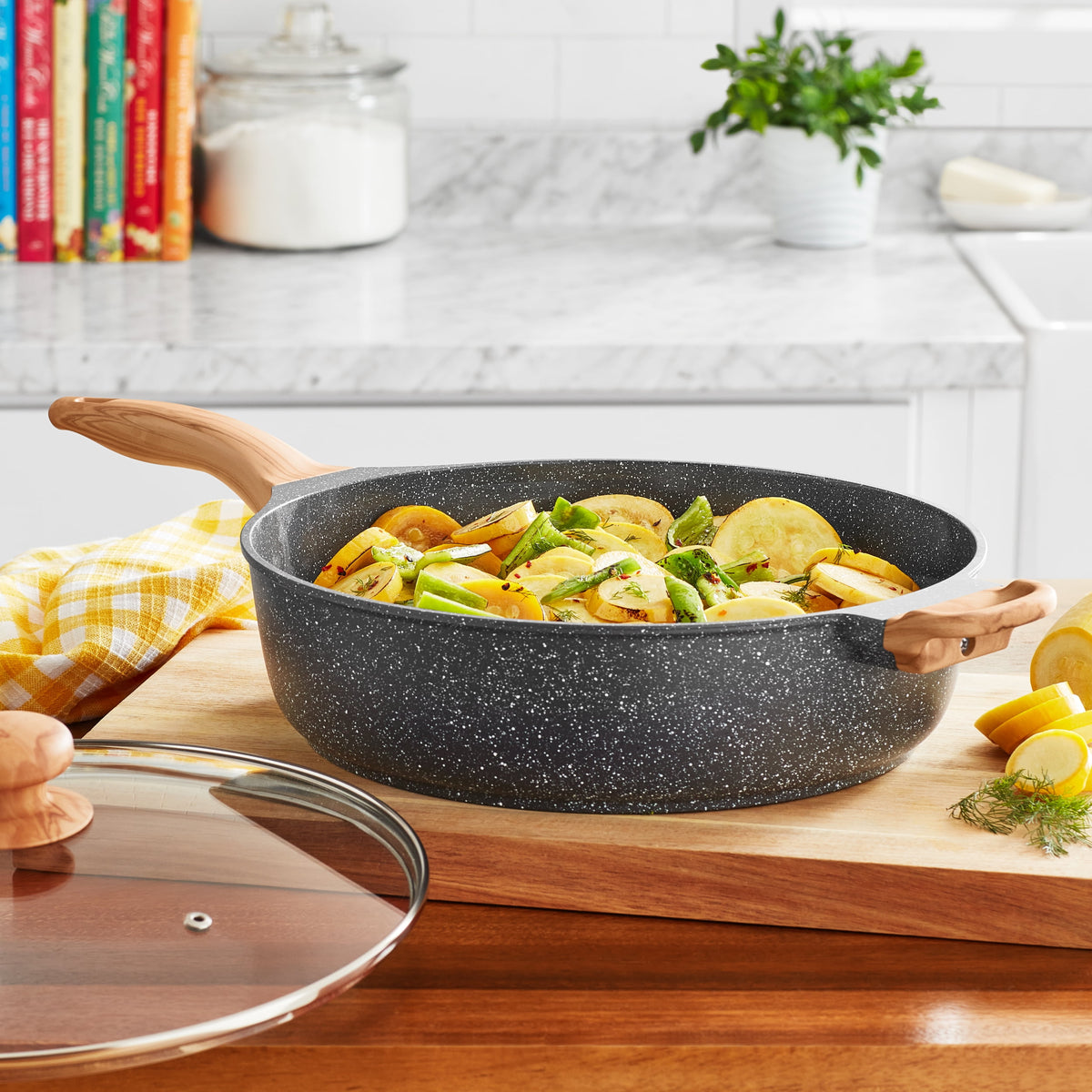 Prairie Signature 6-Quart Cast Aluminum Jumbo Cooker Saute Pan, Charcoal Speckle - Farmhouse