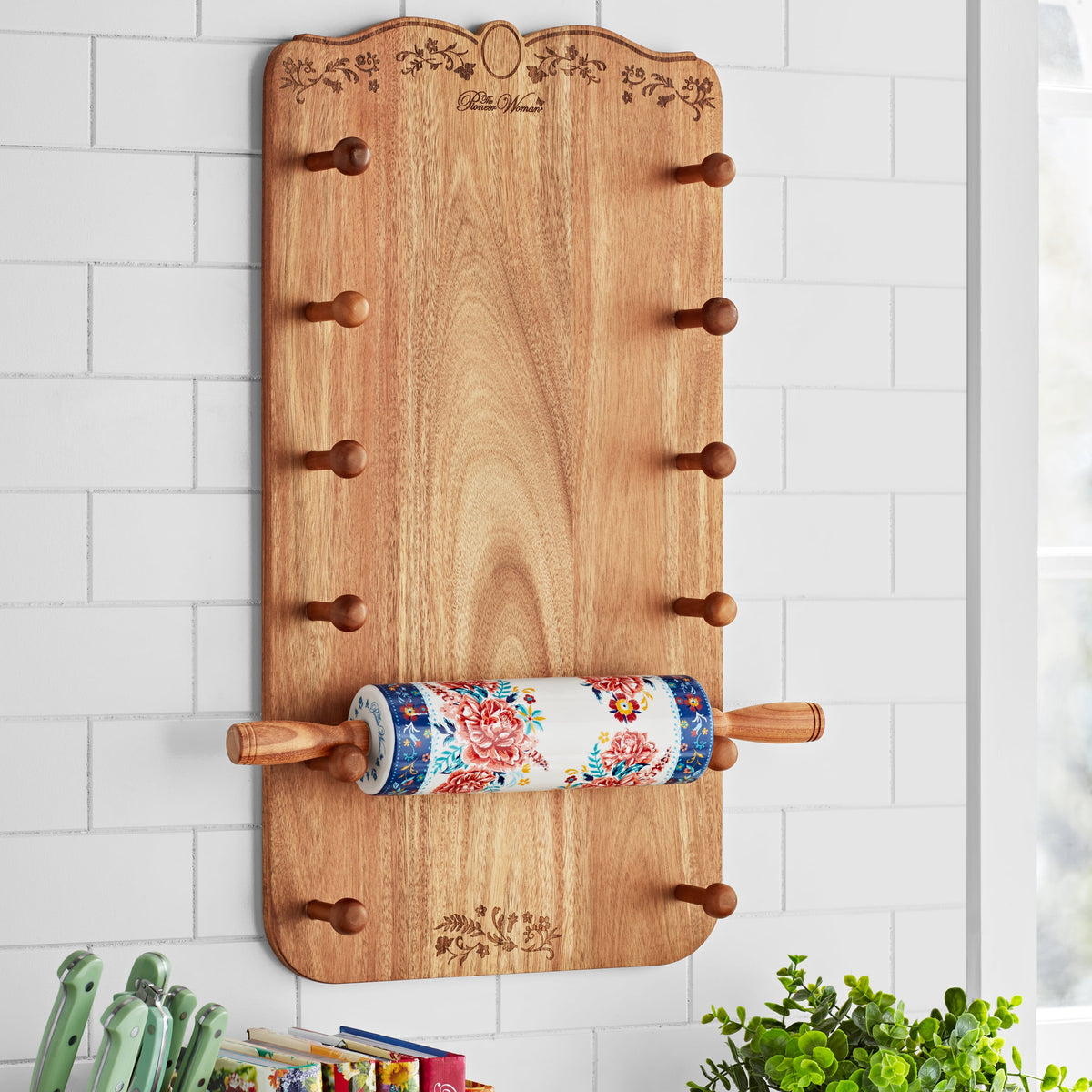 Keepsake Floral 17.7" Ceramic Rolling Pin with Acacia Wood Holder