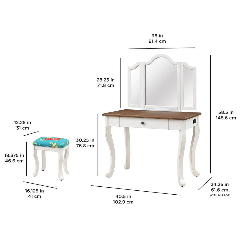 Vanity Set and Stool with Tri-Fold Mirror and Solid Wood