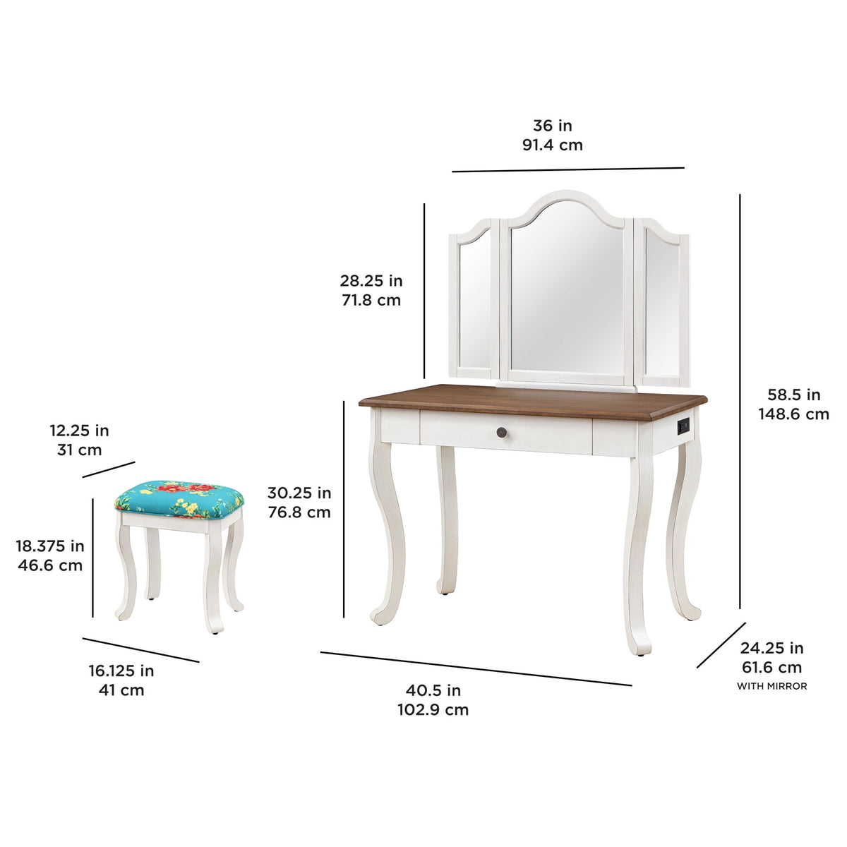Vanity Set and Stool with Tri-Fold Mirror and Solid Wood
