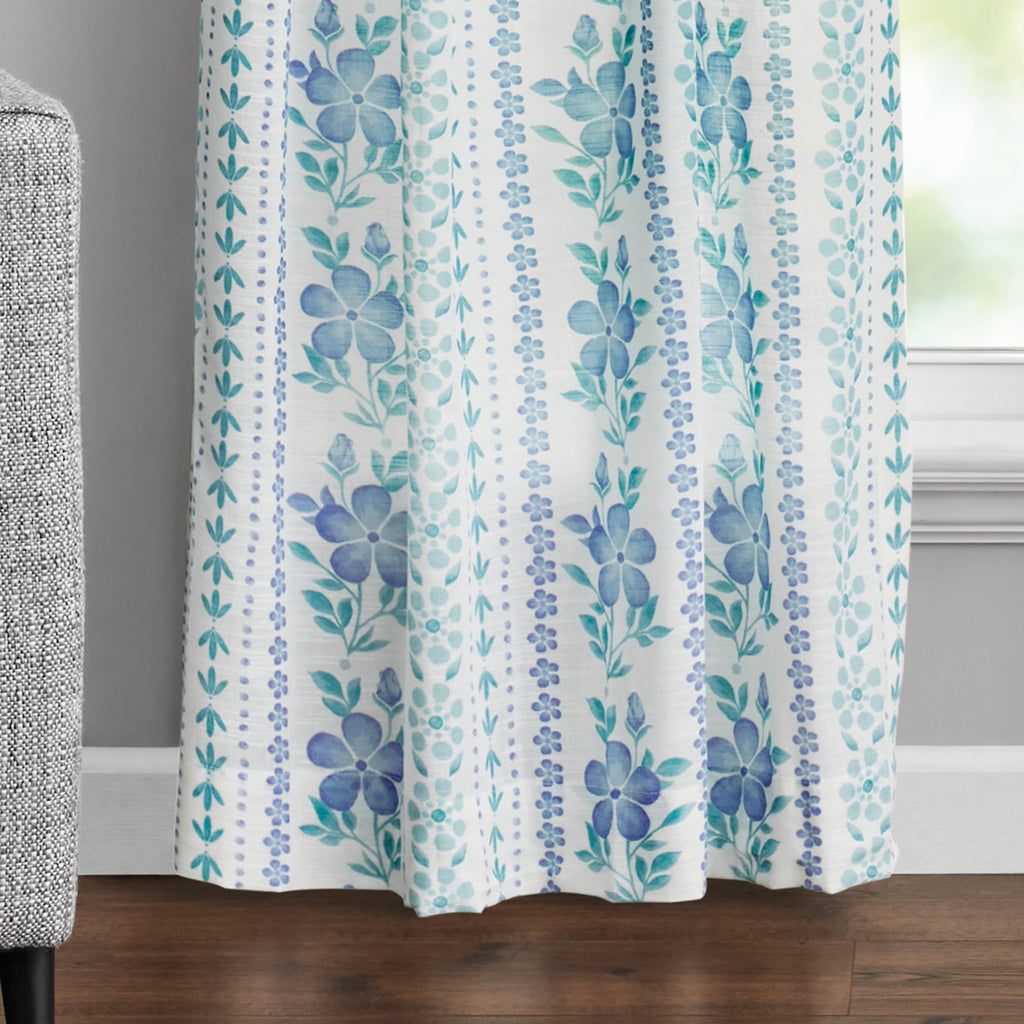 Hattie Stripe 2 Pack Curtain Panel, BCI Cotton, Floral, Blue, RodPocket, 40" W