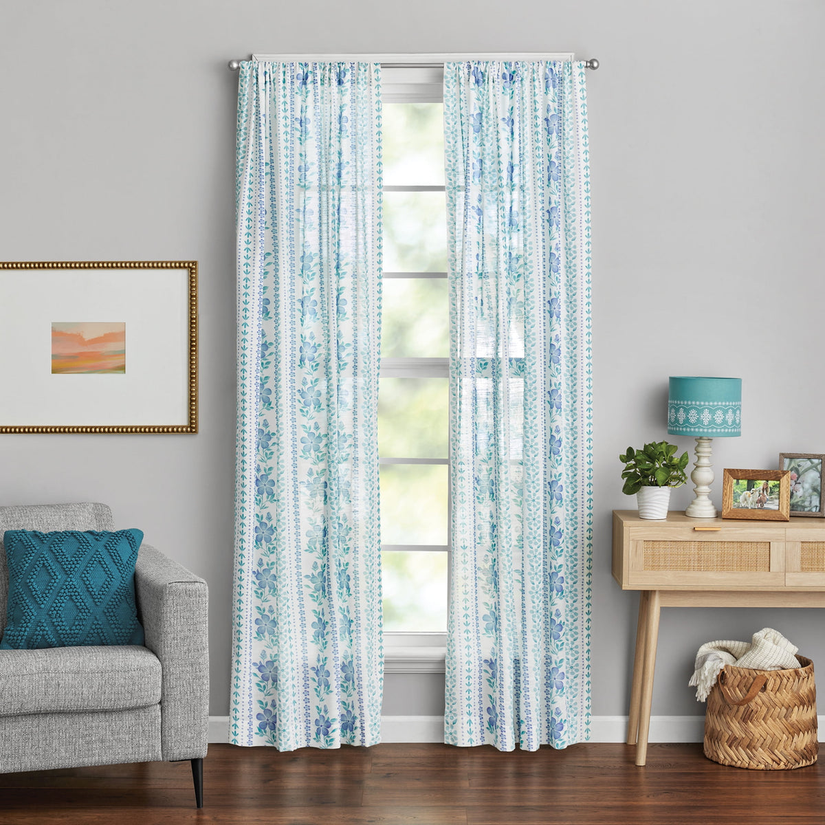 Hattie Stripe 2 Pack Curtain Panel, BCI Cotton, Floral, Blue, RodPocket, 40" W