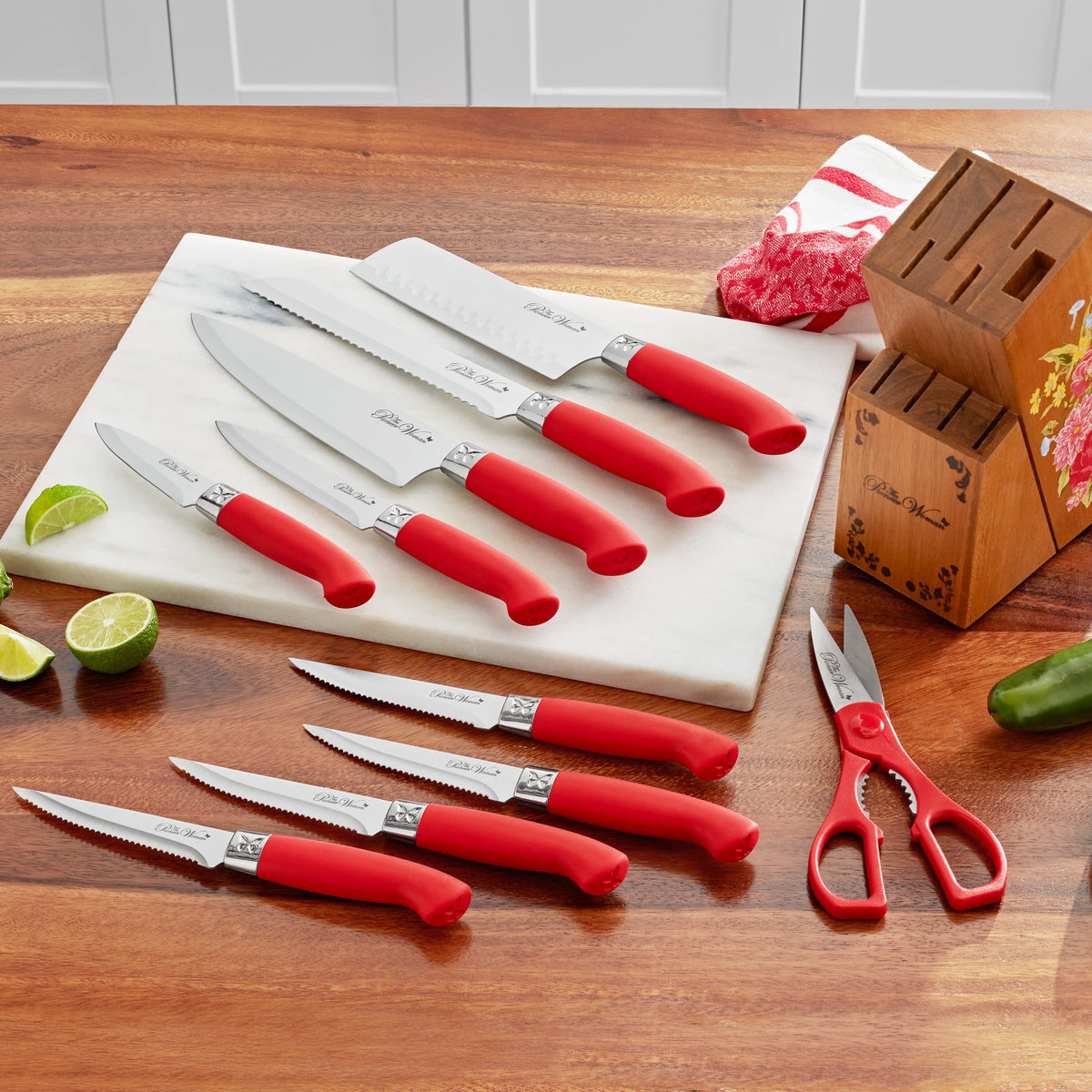 Sweet Rose 11-Piece Stainless Steel Knife Block Set, Red