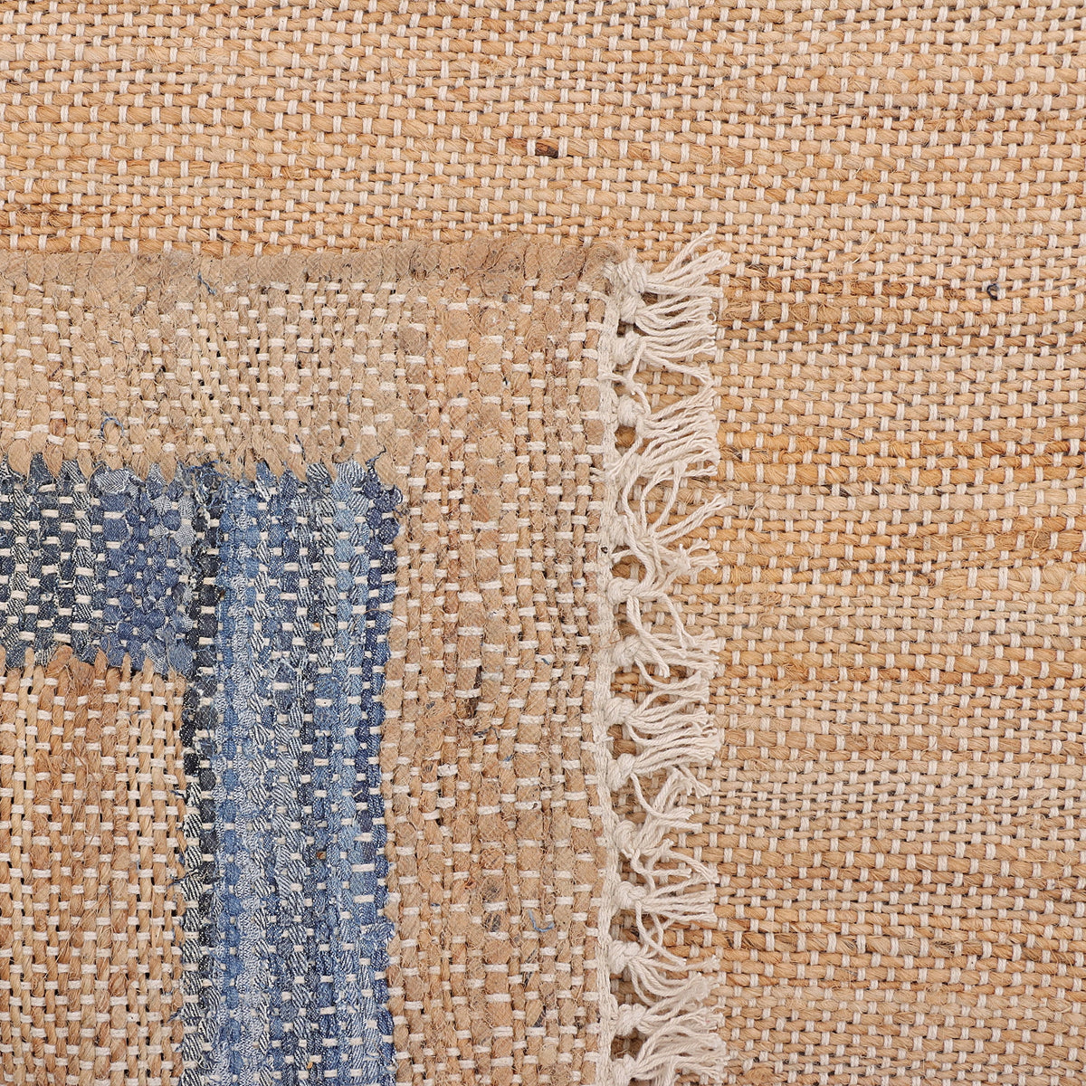 Denim Jute Runner Rug, Natural with Blue Border, 30 x 96 Inches