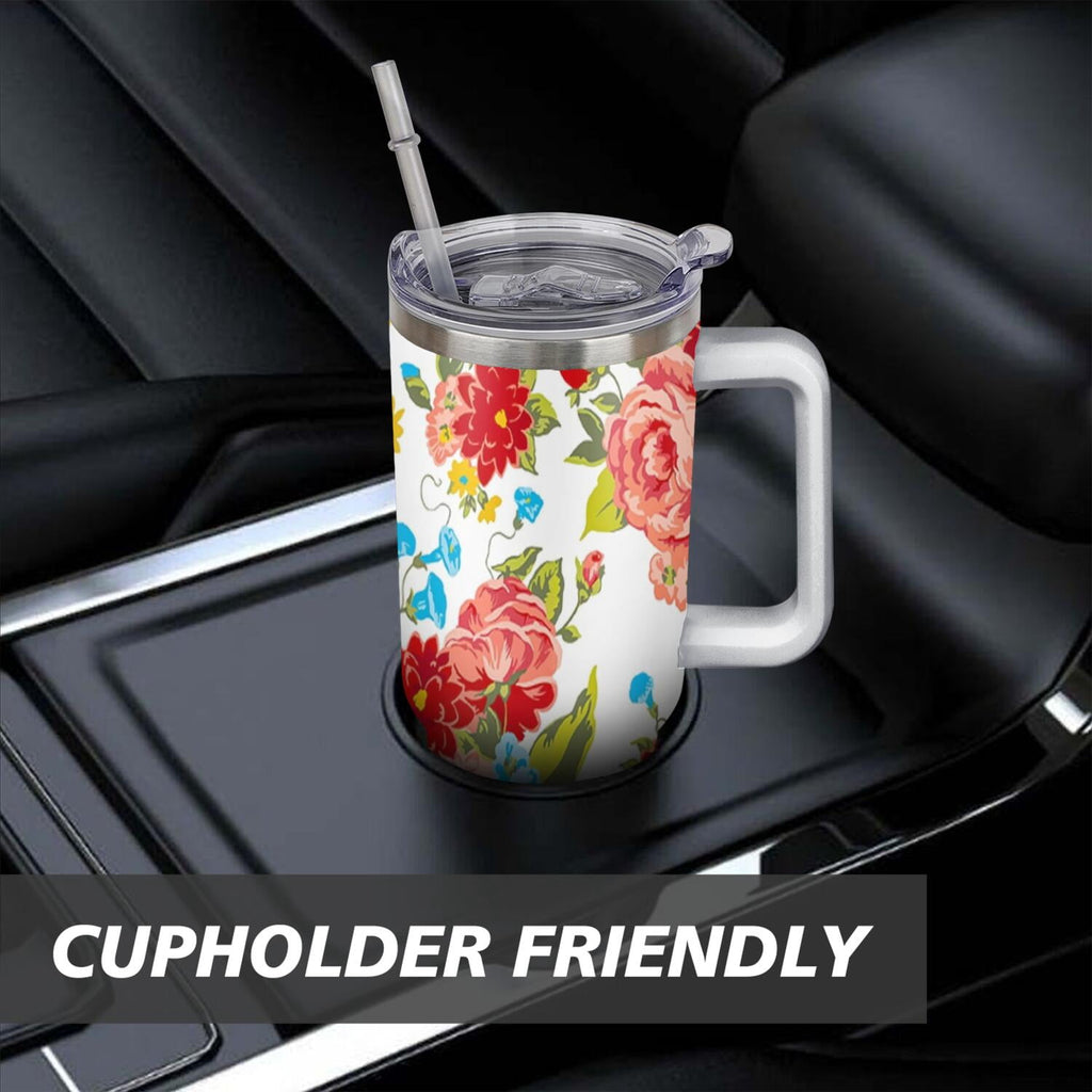 40 Oz Tumbler with Handle Lid and Straw Wildflower Stainless Steel Travel Mug Double